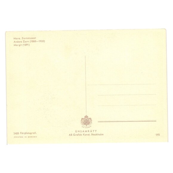 Margit 1891 Anders Zorn Vintage Postcard Mora Zornmuseet Sweden Artwork Museum - Picture 2 of 2